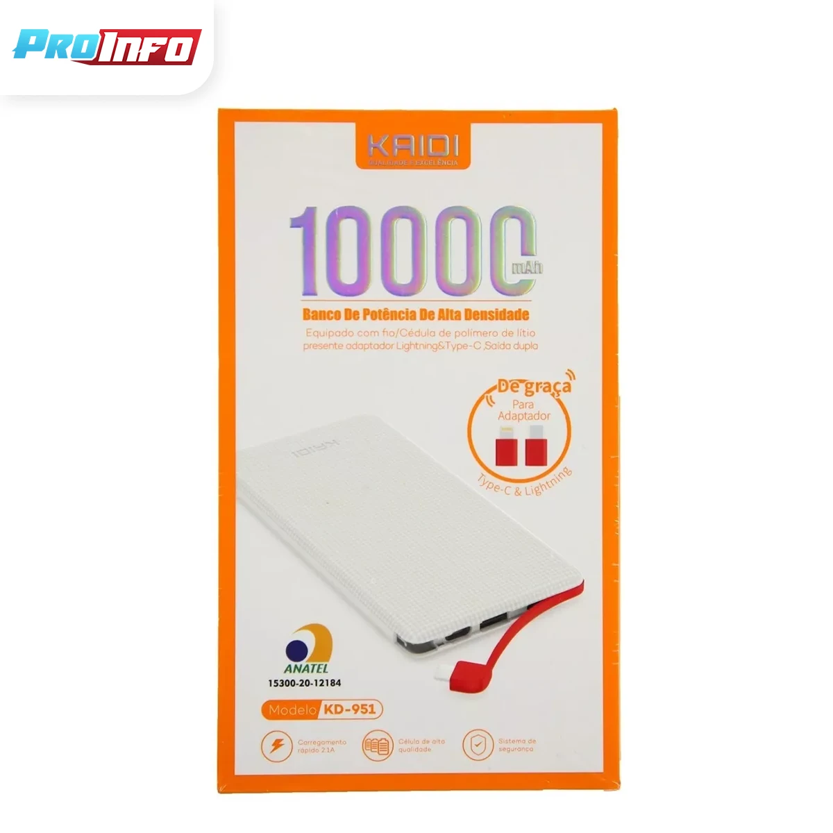 Power Bank 10.000 mAh Kaidi Compatível com iPhone 11 Pro Max